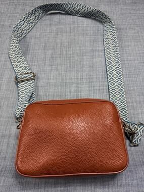 Pom Pom London Orange Pebbled Leather Camera Crossbody Bag Patterned Strap Mini